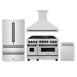 ZLINE 48" Autograph Edition Kitchen Package with Stainless Steel Gas Range, Range Hood, Dishwasher and Refrigeration with Matte Black Accents (4AKPR-RGRHDWM48-MB)