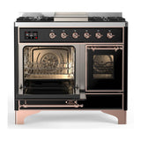 ILVE UMD40FNR3BKPLP Majestic III 40 inch Dual Fuel Range with 6 Burners and Griddle, Dual Function Burner up to 25,000 BTU (Liquid Propane, Triple Glass Door, Glossy Black, Copper)