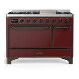 ILVE UM48FQNR3BUBLP Majestic III 48 inch Dual Fuel Range with 8 Burners and Griddle, Dual Function Burner up to 25,000 BTU (Liquid Propane, Solid Door, Burgundy, Burnished)