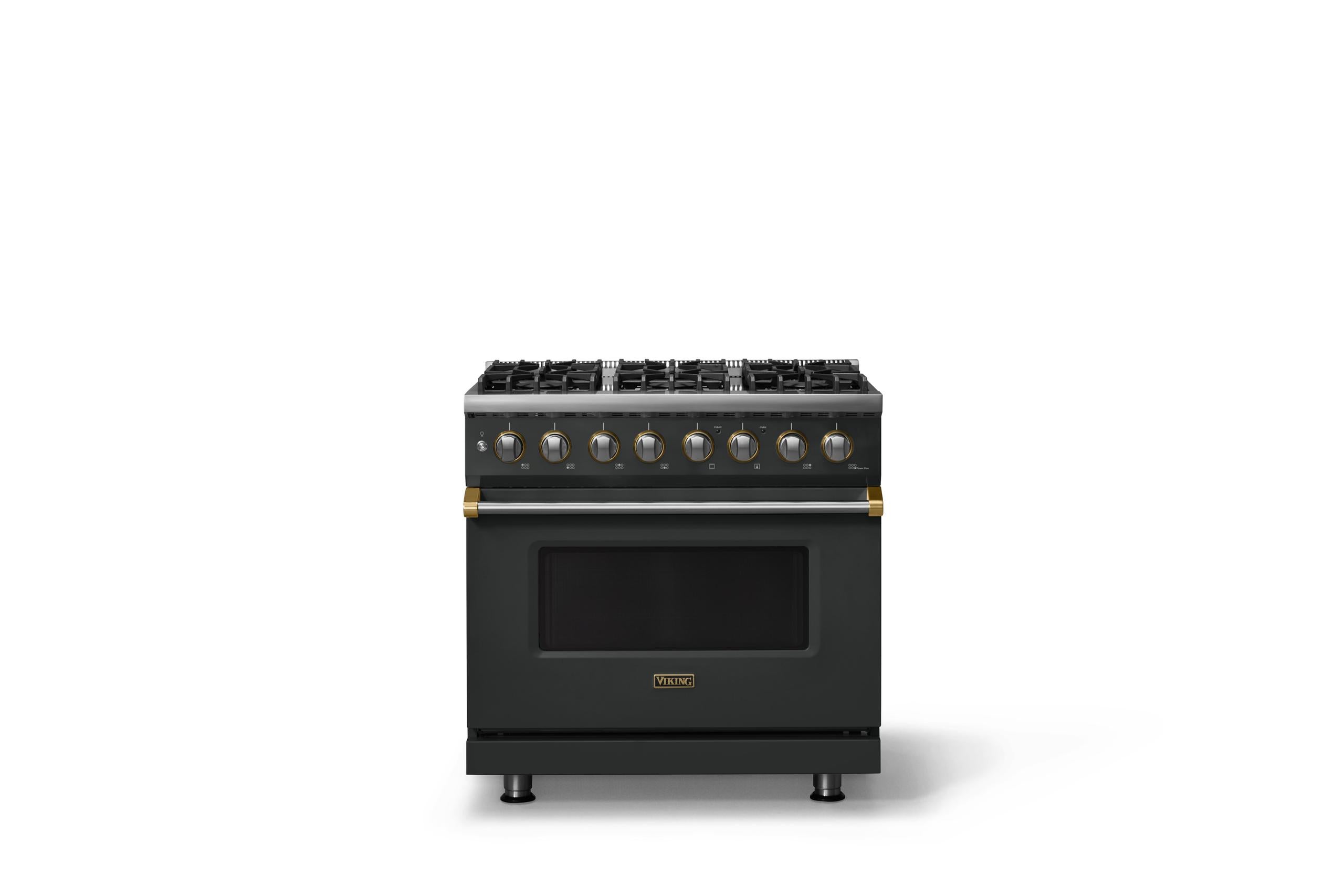 36"W. Dual Fuel Range (Burner: 6b, Finish: Antique Bronze, Trim: Brushed Brass, Fuel: Propane)