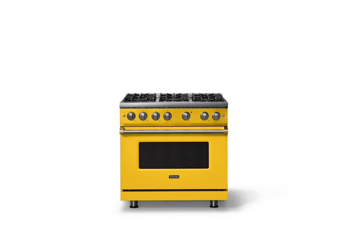 36"W. Sealed Burner Gas Range (Burner: 6b, Finish: Daffodil, Trim: Brushed Brass, Fuel: Natural Gas)