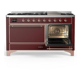 ILVE UM60FQNR3BUP Majestic III 60 inch Dual Fuel Range with 9 Burners and Griddle, Dual Function Burner up to 25,000 BTU (Natural Gas, Solid Door, Burgundy, Copper)