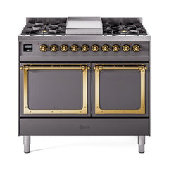 ILVE UND40FQNMPMGG Nostalgie II Noblesse 40 inch Dual Fuel Range (Natural Gas, Solid Door, Graphite Matte, Brass)
