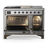 ILVE UM48FSNR3SSB Majestic III 48 inch Dual Fuel Range with 5 Black Brass Burners, Griddle and French Top, Dual Function Burner up to 25,000 BTU (Natural Gas, Triple Glass Door, Stainless Steel, Burnished)