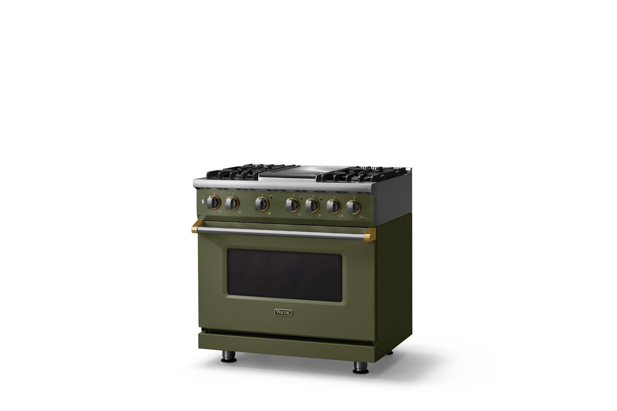 36"W. Dual Fuel Range (Burner: 4g, Finish: Martini, Trim: Brushed Brass, Fuel: Propane)