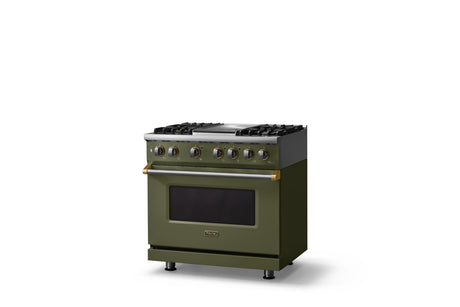 36"W. Dual Fuel Range (Burner: 4g, Finish: Martini, Trim: Brushed Brass, Fuel: Propane)