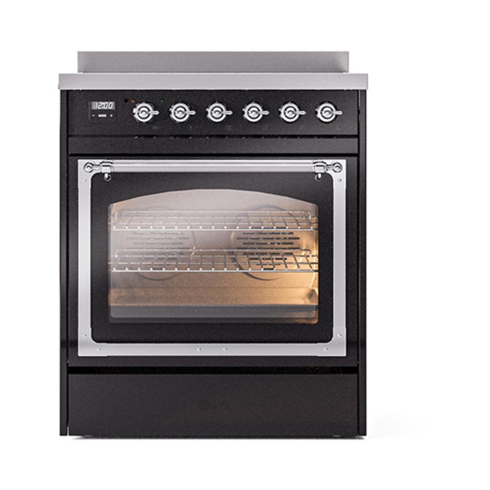 ILVE UNI304NMPBKC Nostalgie II Noblesse 30 inch Induction Range (Triple Glass Door, Glossy Black, Chrome)