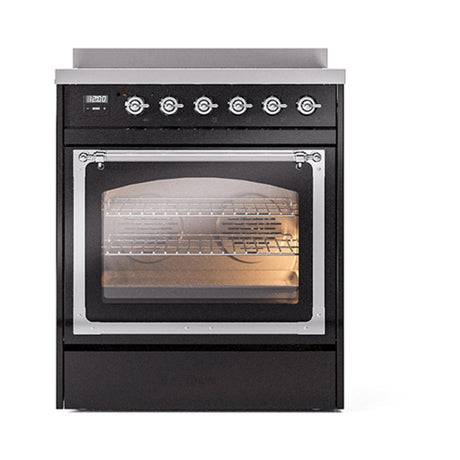ILVE UNI304NMPBKC Nostalgie II Noblesse 30 inch Induction Range (Triple Glass Door, Glossy Black, Chrome)