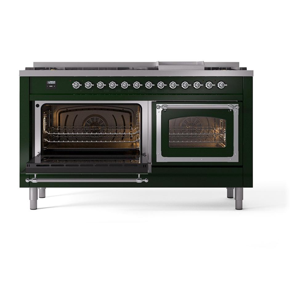 ILVE UN60FNMPEGCLP Nostalgie II Noblesse 60 inch Dual Fuel Range (9 Sealed Burners + Griddle, Liquid Propane, Triple Glass Door, Emerald Green, Chrome)
