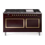 ILVE UN60FQNMPBUG Nostalgie II Noblesse 60 inch Dual Fuel Range (9 Sealed Burners + Griddle, Natural Gas, Solid Door, Burgundy, Brass)