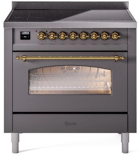 Nostalgie II 36 Inch Electric Freestanding Range in Matte Graphite with Brass Trim