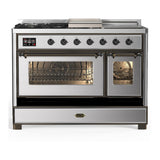 ILVE UM48FSNR3SSBLP Majestic III 48 inch Dual Fuel Range with 5 Black Brass Burners, Griddle and French Top, Dual Function Burner up to 25,000 BTU (Liquid Propane, Triple Glass Door, Stainless Steel, Burnished)