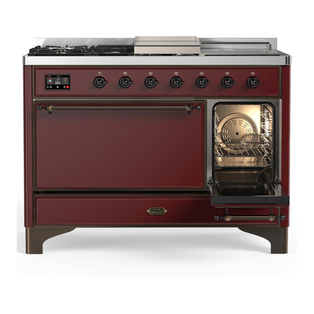 ILVE UM48FSQNR3BUBLP Majestic III 48 inch Dual Fuel Range with 5 Black Brass Burners, Griddle and French Top, Dual Function Burner up to 25,000 BTU (Liquid Propane, Solid Door, Burgundy, Burnished)