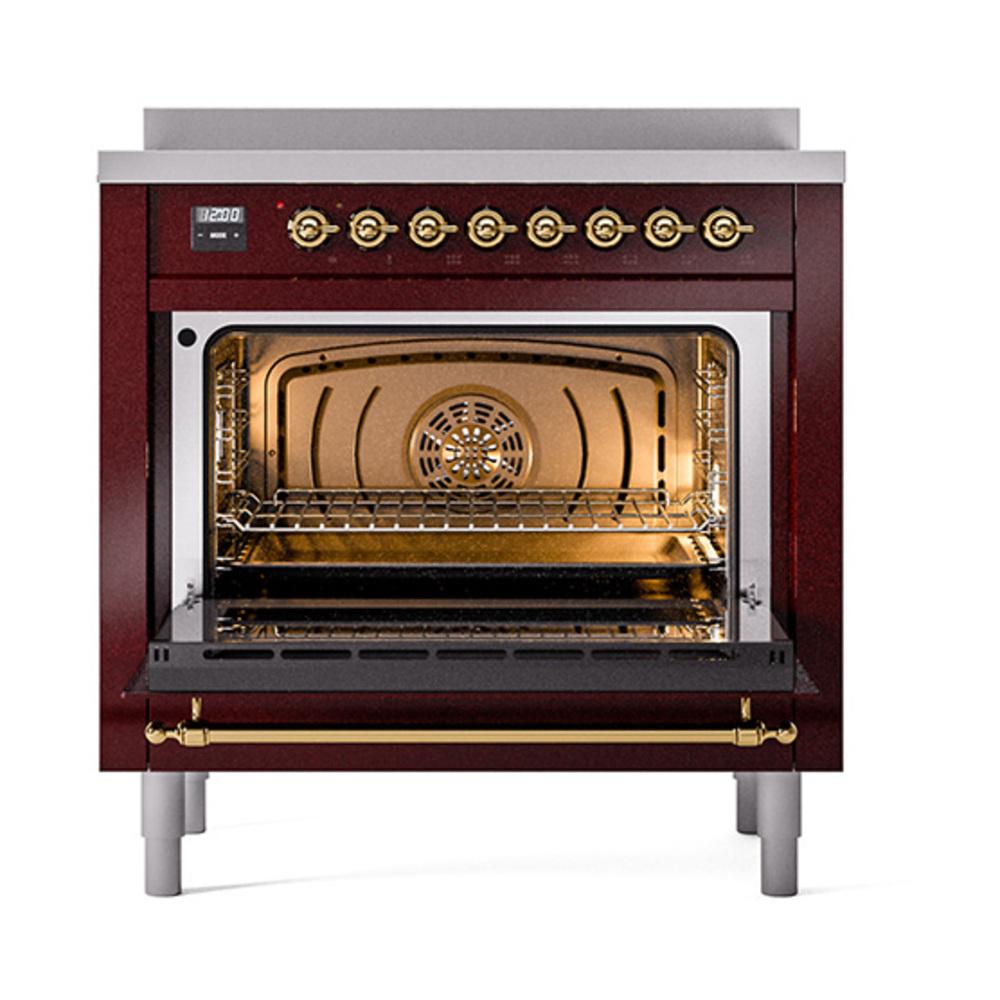 ILVE UNI366NMPBUG Nostalgie II Noblesse 36 inch Induction Range (Triple Glass Door, Burgundy, Brass)