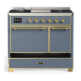 ILVE UMD40FQNR3BGG Majestic III 40 inch Dual Fuel Range with 6 Burners and Griddle, Dual Function Burner up to 25,000 BTU (Natural Gas, Solid Door, Blue Grey, Brass)