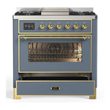 ILVE UM36FNR3BGG Majestic III 36 inch Dual Fuel Range with 6 Black Brass Burners and Griddle, Dual Function Burner up to 25,000 BTU (Triple Glass Door, Blue Grey, Brass, Natural Gas)