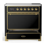ILVE UMIB36QNR3BKG Majestic III 36 inch Induction Range with 6 Elements, 3.5 cu. ft. Total Oven Capacity (Solid Door, Glossy Black, Brass)