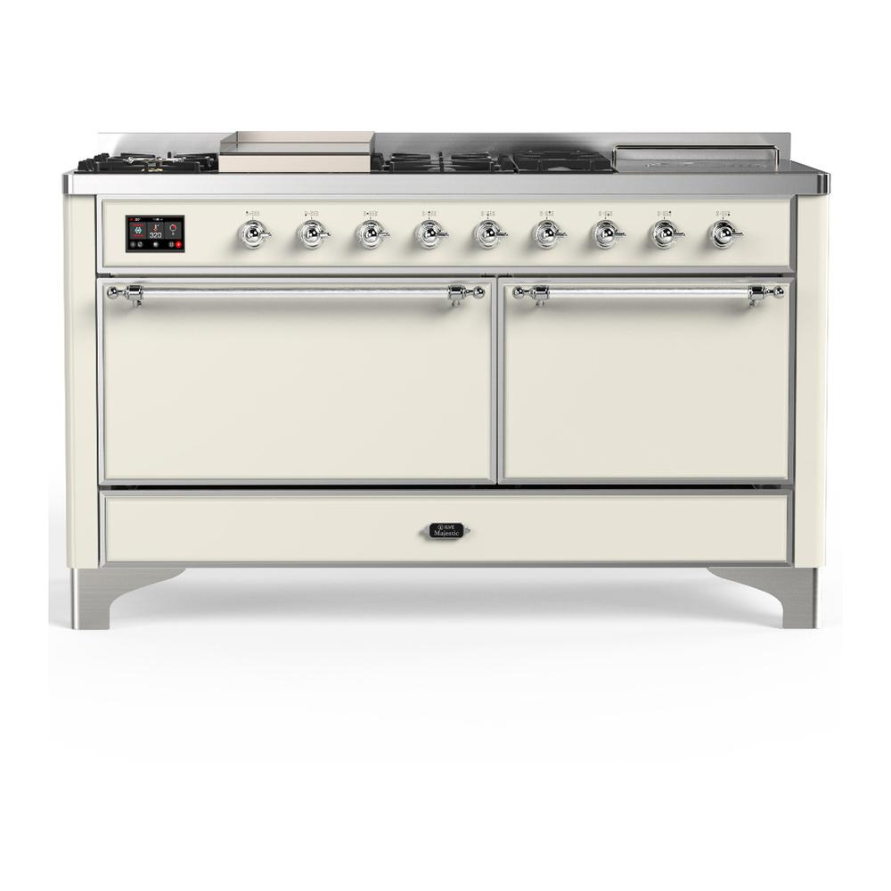 ILVE UM60FSQNR3AWCLP Majestic III 60 inch Dual Fuel Range with 7 Burners, Griddle and French Top, Dual Function Burner with up to 25,000 BTU (Liquid Propane, Solid Door, Antique White, Chrome)