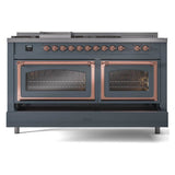 ILVE UN60FSNMPBGPLP Nostalgie II Noblesse 60 inch Dual Fuel Range (7 Sealed Burners + Griddle + French Top, Liquid Propane, Triple Glass Door, Blue Grey, Copper)