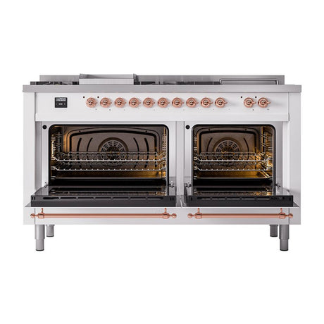 ILVE UN60FSQNMPWHPLP Nostalgie II Noblesse 60 inch Dual Fuel Range (7 Sealed Burners + Griddle + French Top, Liquid Propane, Solid Door, White, Copper)