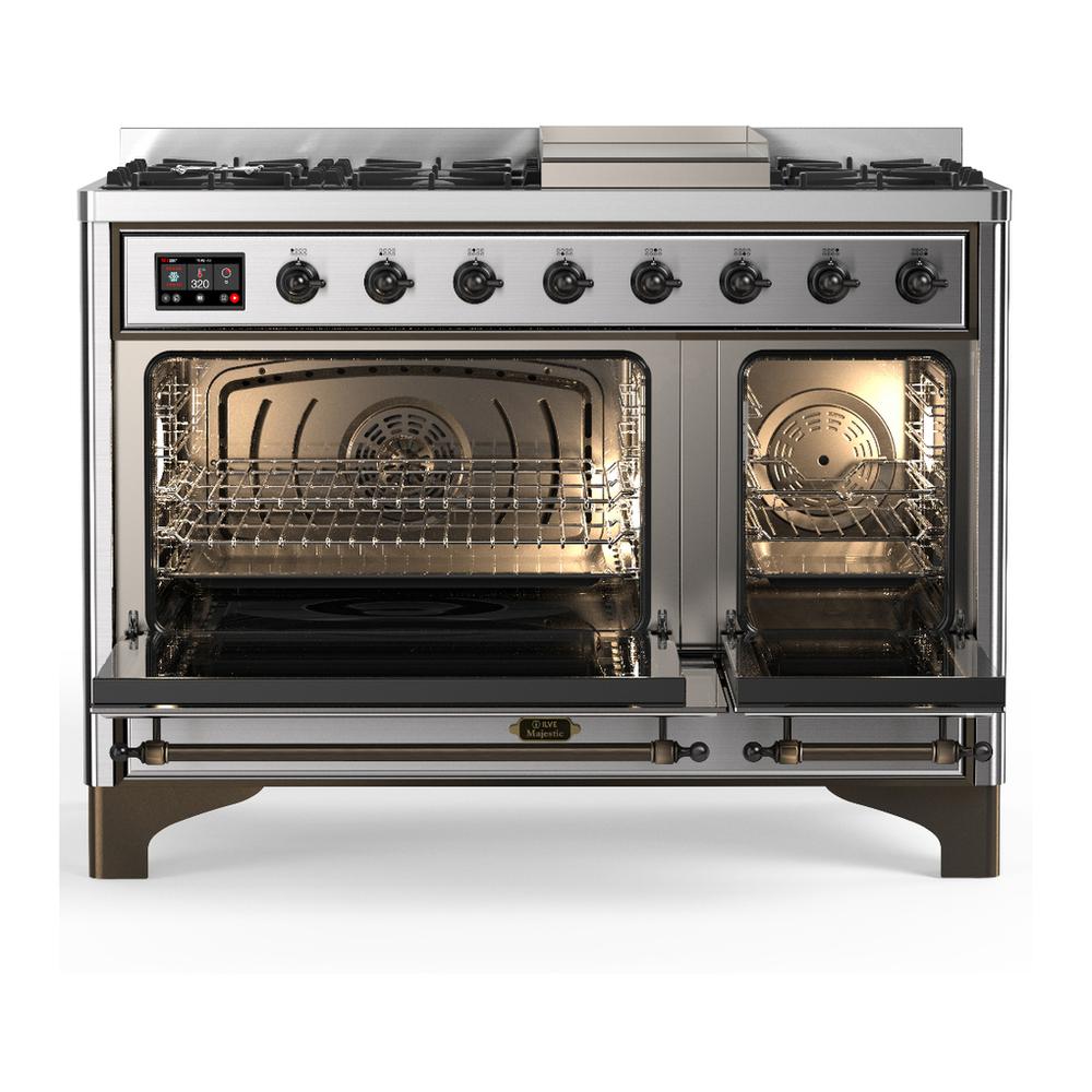 ILVE UM48FNR3SSB Majestic III 48 inch Dual Fuel Range with 8 Burners and Griddle, Dual Function Burner up to 25,000 BTU (Natural Gas, Triple Glass Door, Stainless Steel, Burnished)