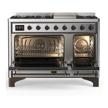 ILVE UM48FNR3SSB Majestic III 48 inch Dual Fuel Range with 8 Burners and Griddle, Dual Function Burner up to 25,000 BTU (Natural Gas, Triple Glass Door, Stainless Steel, Burnished)