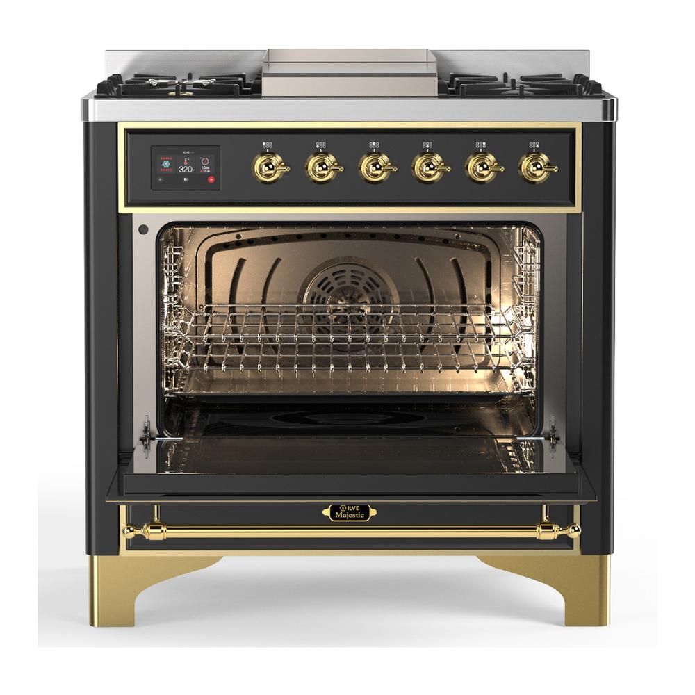 ILVE UM36FQNR3MGGLP Majestic III 36 inch Dual Fuel Range with 6 Black Brass Burners and Griddle, Dual Function Burner up to 25,000 BTU (Solid Door, Graphite Matte, Brass, Liquid Propane)