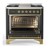 ILVE UM36FQNR3MGGLP Majestic III 36 inch Dual Fuel Range with 6 Black Brass Burners and Griddle, Dual Function Burner up to 25,000 BTU (Solid Door, Graphite Matte, Brass, Liquid Propane)