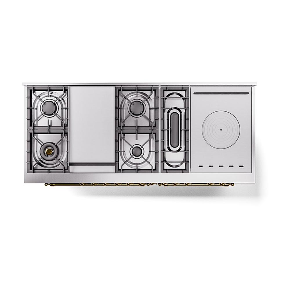 ILVE UN60FSQNMPBKG Nostalgie II Noblesse 60 inch Dual Fuel Range (7 Sealed Burners + Griddle + French Top, Natural Gas, Solid Door, Glossy Black, Brass)