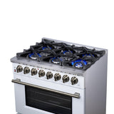 Forno Massimo 36 Inch Freestanding Dual Fuel Range in White with Antique Brass Accessories, 6 Burners, 5.36 cu. ft. Convection Oven