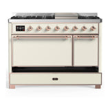 ILVE UM48FQNR3AWP Majestic III 48 inch Dual Fuel Range with 8 Burners and Griddle, Dual Function Burner up to 25,000 BTU (Natural Gas, Solid Door, Antique White, Copper)