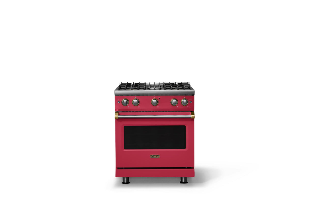 30"W. Sealed Burner Gas Range (Finish: Valentine, Trim: Brushed Brass, Fuel: Propane)