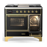 ILVE UMD40FNR3BKGLP Majestic III 40 inch Dual Fuel Range with 6 Burners and Griddle, Dual Function Burner up to 25,000 BTU (Liquid Propane, Triple Glass Door, Glossy Black, Brass)