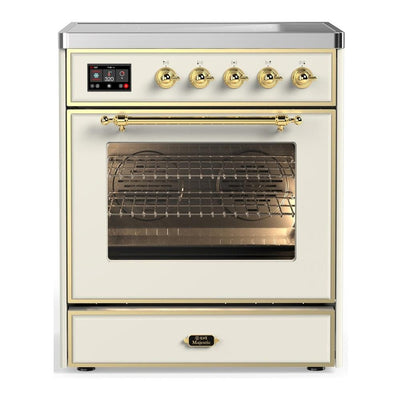 ILVE UMIB30NR3AWG Majestic III 30 inch Induction Range with 4 Elements, 4 cu. ft. Oven Capacity (Triple Glass Door, Antique White, Brass)