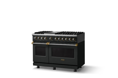 48"W. Dual Fuel Range (Burner: 6g, Finish: Antique Bronze, Trim: Brushed Brass, Fuel: Propane)