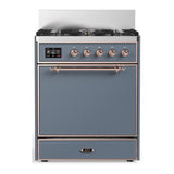 ILVE UM30QNR3BGPLP Majestic III 30 inch Dual Fuel Range with 5 Black Brass Burners, Dual Function Burner up to 25,000 BTU (Liquid Propane, Solid Door, Blue Grey, Copper)