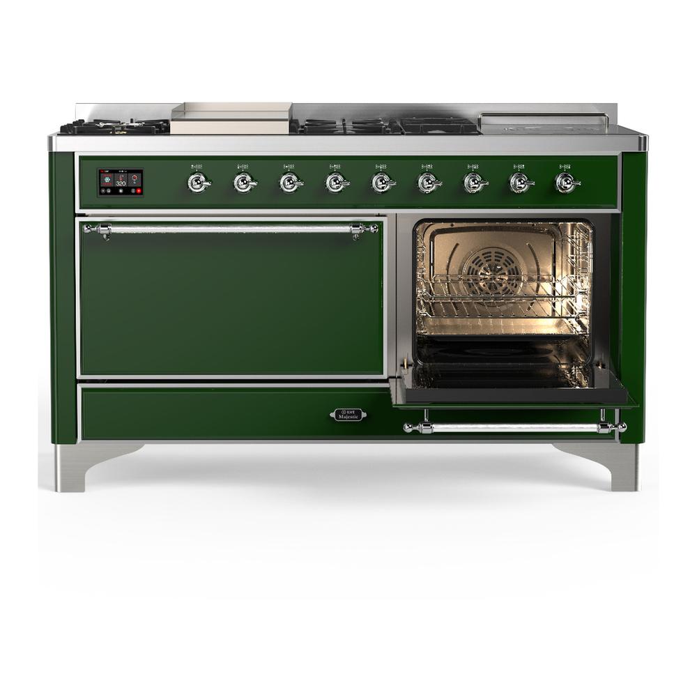 ILVE UM60FSQNR3EGC Majestic III 60 inch Dual Fuel Range with 7 Burners, Griddle and French Top, Dual Function Burner with up to 25,000 BTU (Natural Gas, Solid Door, Emerald Green, Chrome)