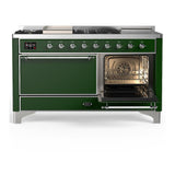 ILVE UM60FSQNR3EGC Majestic III 60 inch Dual Fuel Range with 7 Burners, Griddle and French Top, Dual Function Burner with up to 25,000 BTU (Natural Gas, Solid Door, Emerald Green, Chrome)