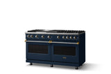 60"W. Sealed Burner Gas Range (Finish: Slate Blue, Trim: Brushed Brass, Fuel: Propane)