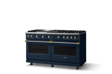 60"W. Sealed Burner Gas Range (Finish: Slate Blue, Trim: Brushed Brass, Fuel: Propane)