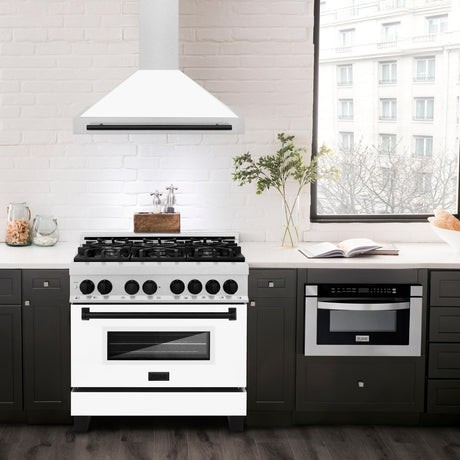 ZLINE 36 in. Autograph Edition Convertible Fingerprint Resistant DuraSnow Stainless Steel Range Hood with White Matte Shell and Champagne Bronze Handle (KB4SNZ-WM36-CB) [Color: Matte Black Accents]