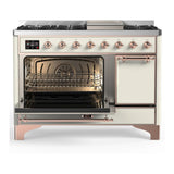 ILVE UM48FQNR3AWP Majestic III 48 inch Dual Fuel Range with 8 Burners and Griddle, Dual Function Burner up to 25,000 BTU (Natural Gas, Solid Door, Antique White, Copper)