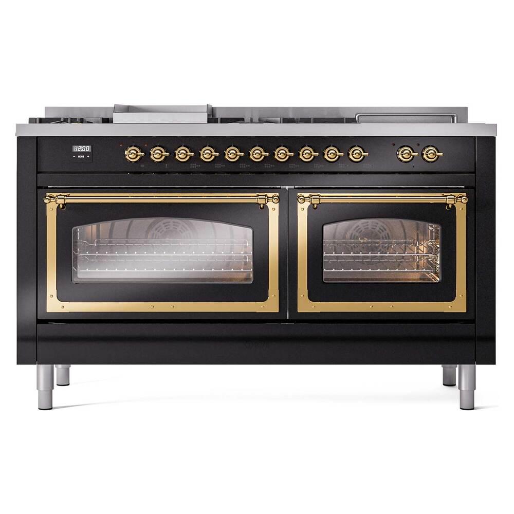 ILVE UN60FSNMPBKG Nostalgie II Noblesse 60 inch Dual Fuel Range (7 Sealed Burners + Griddle + French Top, Natural Gas, Triple Glass Door, Glossy Black, Brass)