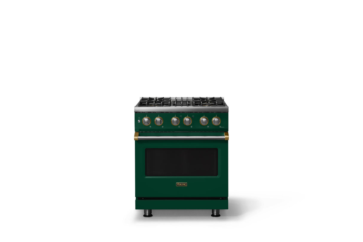 30"W. Dual Fuel Range (Finish: Ivy, Trim: Brushed Brass, Fuel: Natural Gas)