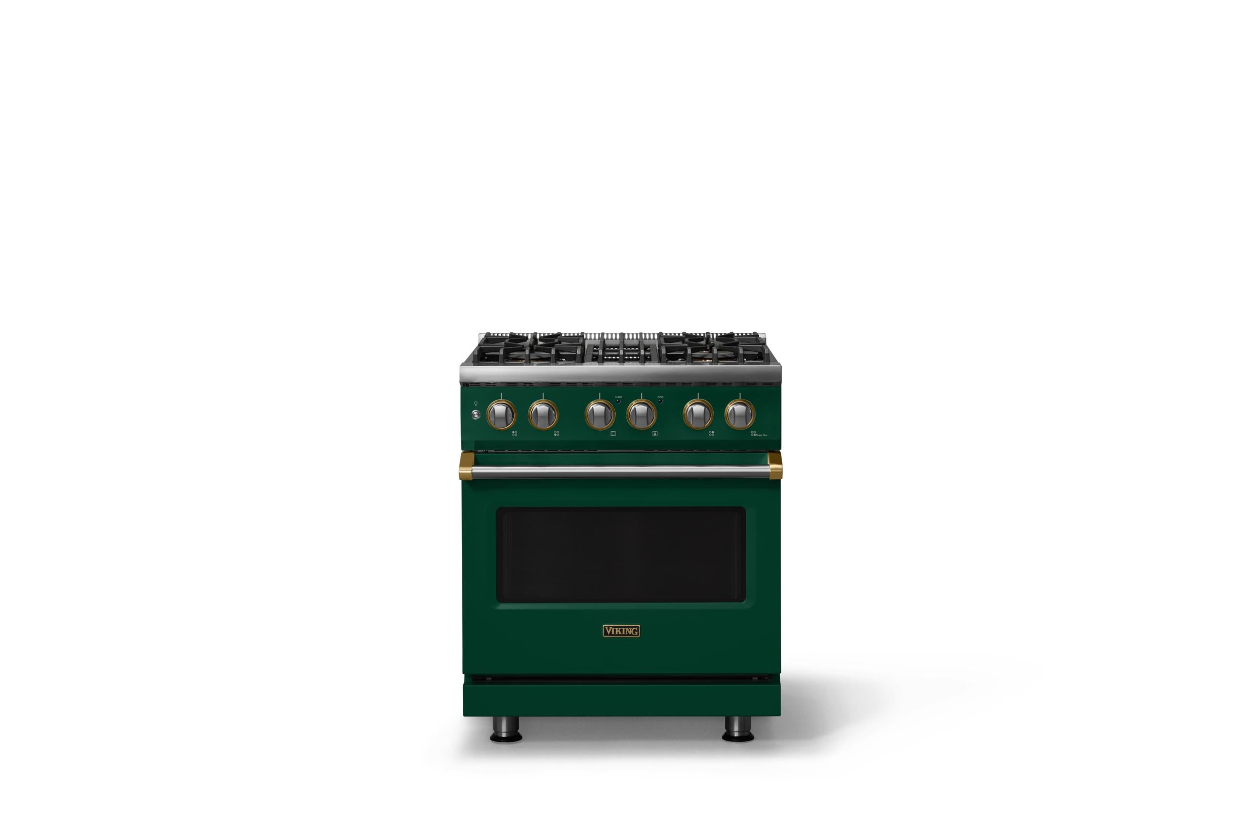 30"W. Dual Fuel Range (Finish: Ivy, Trim: Brushed Brass, Fuel: Natural Gas)