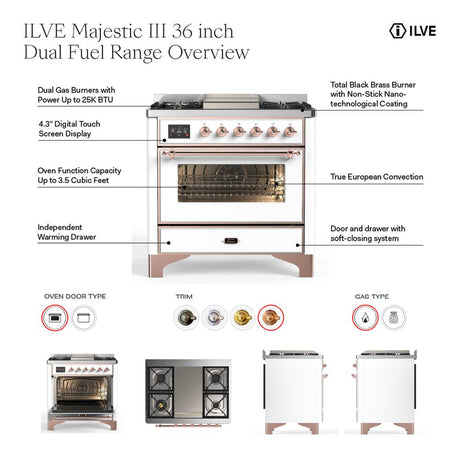 ILVE UM36FNR3RACLP Majestic III 36 inch Dual Fuel Range with 6 Black Brass Burners and Griddle, Dual Function Burner up to 25,000 BTU (Triple Glass Door, RAL, Chrome, Liquid Propane)