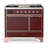 ILVE UMD40FQNR3BUPLP Majestic III 40 inch Dual Fuel Range with 6 Burners and Griddle, Dual Function Burner up to 25,000 BTU (Liquid Propane, Solid Door, Burgundy, Copper)