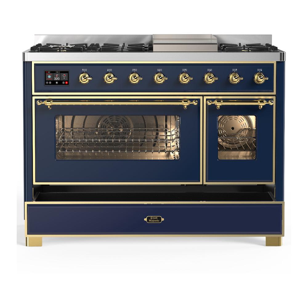 ILVE UM48FNR3MBG Majestic III 48 inch Dual Fuel Range with 8 Burners and Griddle, Dual Function Burner up to 25,000 BTU (Natural Gas, Triple Glass Door, Midnight Blue, Brass)