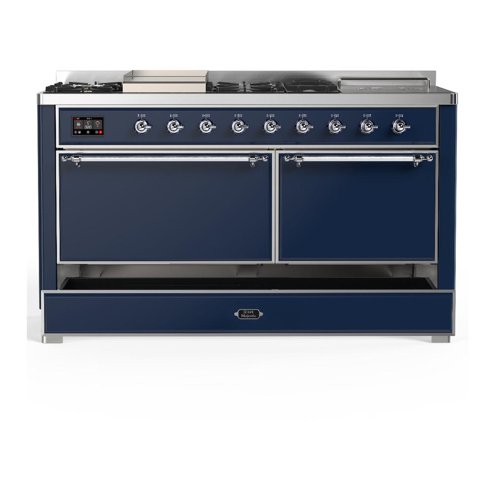 ILVE UM60FSQNR3MBCLP Majestic III 60 inch Dual Fuel Range with 7 Burners, Griddle and French Top, Dual Function Burner with up to 25,000 BTU (Liquid Propane, Solid Door, Midnight Blue, Chrome)