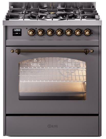 Nostalgie II 30 Inch Dual Fuel Natural Gas Freestanding Range in Matte Graphite with Bronze Trim